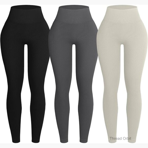 Pants - High Waist Seamless Leggings 3-Pack Ribbed Workout Yoga Pants
